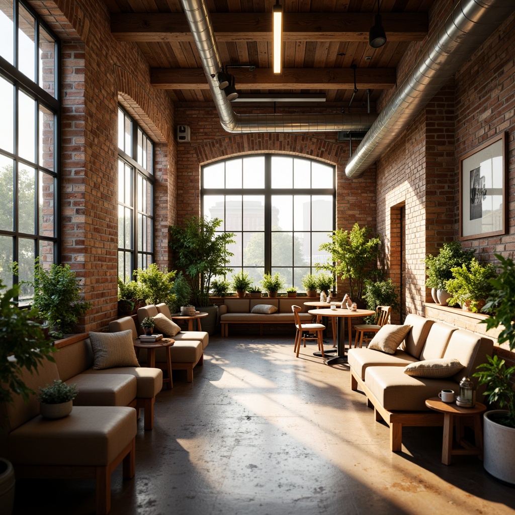 Prompt: Cozy coffee shop, warm wooden accents, large windows, natural light pouring in, soft warm glow, comfortable seating areas, rustic brick walls, reclaimed wood furniture, earthy color palette, lush greenery, potted plants, industrial metal beams, exposed ductwork, modern minimalist decor, creamy white tones, subtle texture variations, shallow depth of field, 1/1 composition, realistic renderings, ambient occlusion.