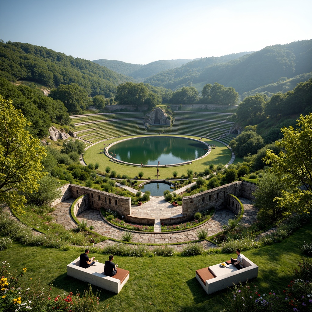 Prompt: Rolling hills, lush greenery, serene lake views, amphitheater structures, tiered seating, natural stone walls, wooden benches, scenic overlooks, walking trails, meandering streams, rustic bridges, vibrant wildflowers, sunny afternoon, soft warm lighting, shallow depth of field, 3/4 composition, panoramic view, realistic textures, ambient occlusion.