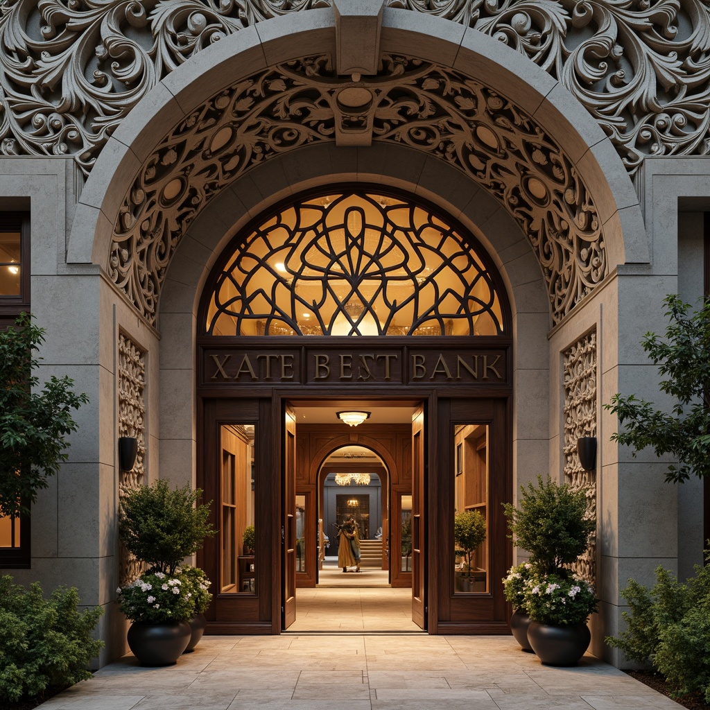 Prompt: Intricate bank facade, ornate stone carvings, flowing organic lines, curved wooden doors, stained glass windows, grand entrance hall, marble floors, polished bronze fixtures, natural stone walls, lush greenery, potted plants, warm ambient lighting, soft focus, shallow depth of field, 1/2 composition, realistic textures, ambient occlusion.