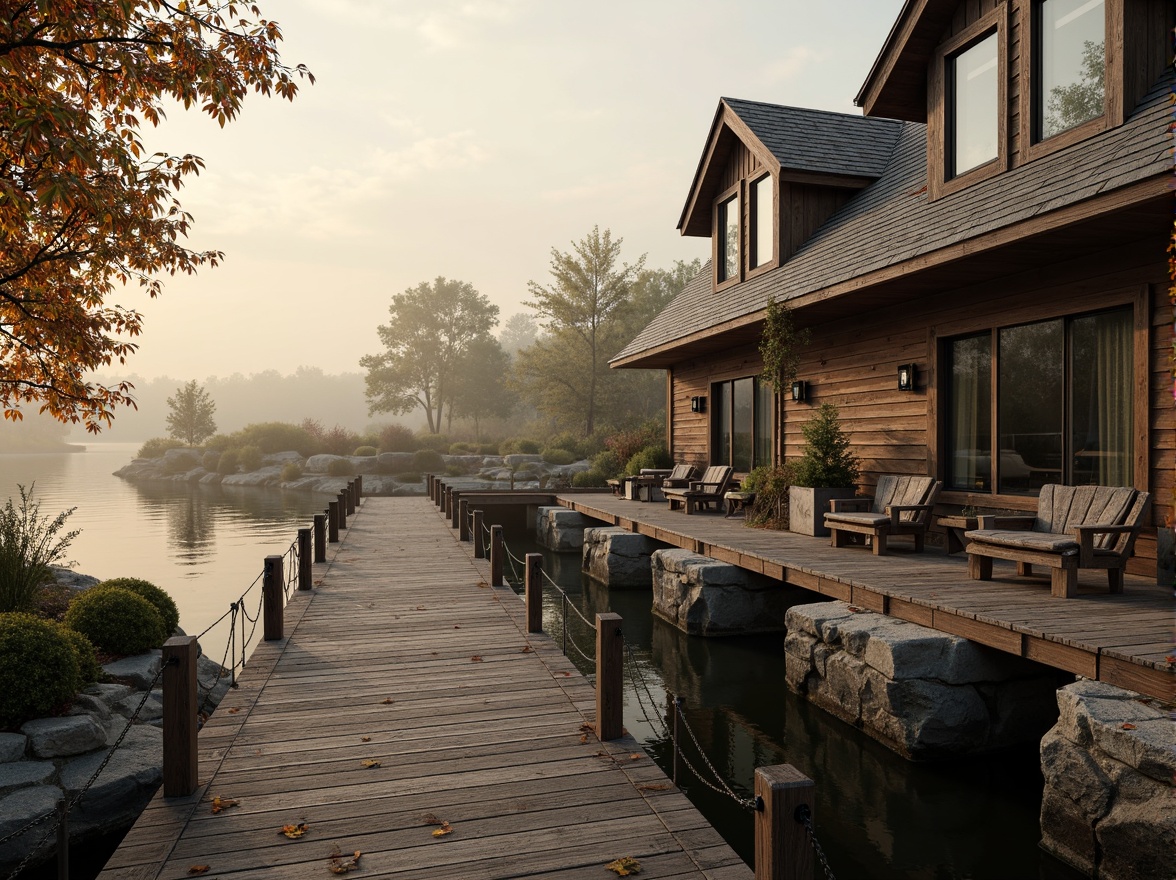 Prompt: Rustic wooden dock, vintage nautical elements, distressed wood textures, ornate metal fixtures, classic boathouse silhouette, pitched rooflines, dormer windows, natural stone foundations, waterfront location, serene lake views, misty morning atmosphere, warm golden lighting, shallow depth of field, 1/2 composition, realistic water reflections, ambient occlusion.