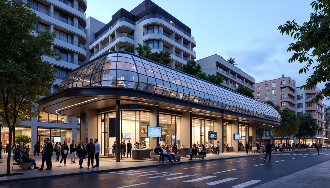 Prompt: Futuristic tram station, curved canopy structure, sleek metal framework, translucent glass roofing, vibrant LED lighting, urban cityscape, bustling streets, modern transportation hub, efficient passenger flow, comfortable waiting areas, real-time information displays, sustainable energy harvesting systems, green roofs, eco-friendly materials, innovative ventilation technologies, shaded outdoor spaces, misting systems, dynamic angular lines, minimalist design, panoramic views, realistic textures, ambient occlusion.