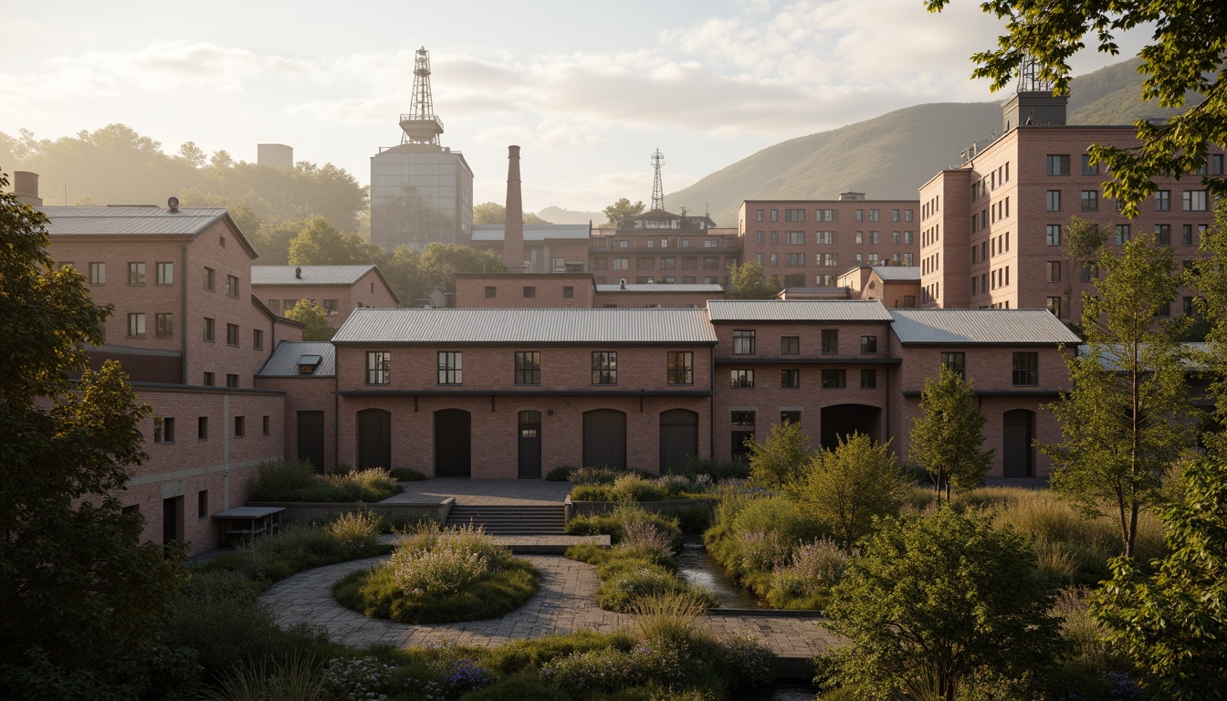 Prompt: Industrial factory complex, rustic brick buildings, corrugated metal roofs, worn concrete walls, vintage machinery, abandoned chimneys, overgrown vegetation, wildflowers, meandering streams, misty atmosphere, soft warm lighting, shallow depth of field, 3/4 composition, panoramic view, realistic textures, ambient occlusion, regionalism-inspired architecture, modern industrial design, functional spaces, exposed ductwork, metal catwalks, reclaimed wood accents, earthy color palette, natural stone pathways, weathered steel bridges.