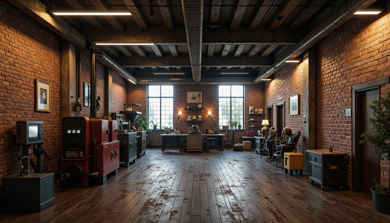 Prompt: Industrial factory setting, exposed brick walls, metal beams, worn wooden floors, vintage machinery, distressed textures, earthy tones, muted colors, rusty reds, weathered blues, faded yellows, industrial greys, urban atmosphere, gritty realism, high contrast lighting, dramatic shadows, cinematic composition, 1/2 camera angle, realistic renderings, ambient occlusion.