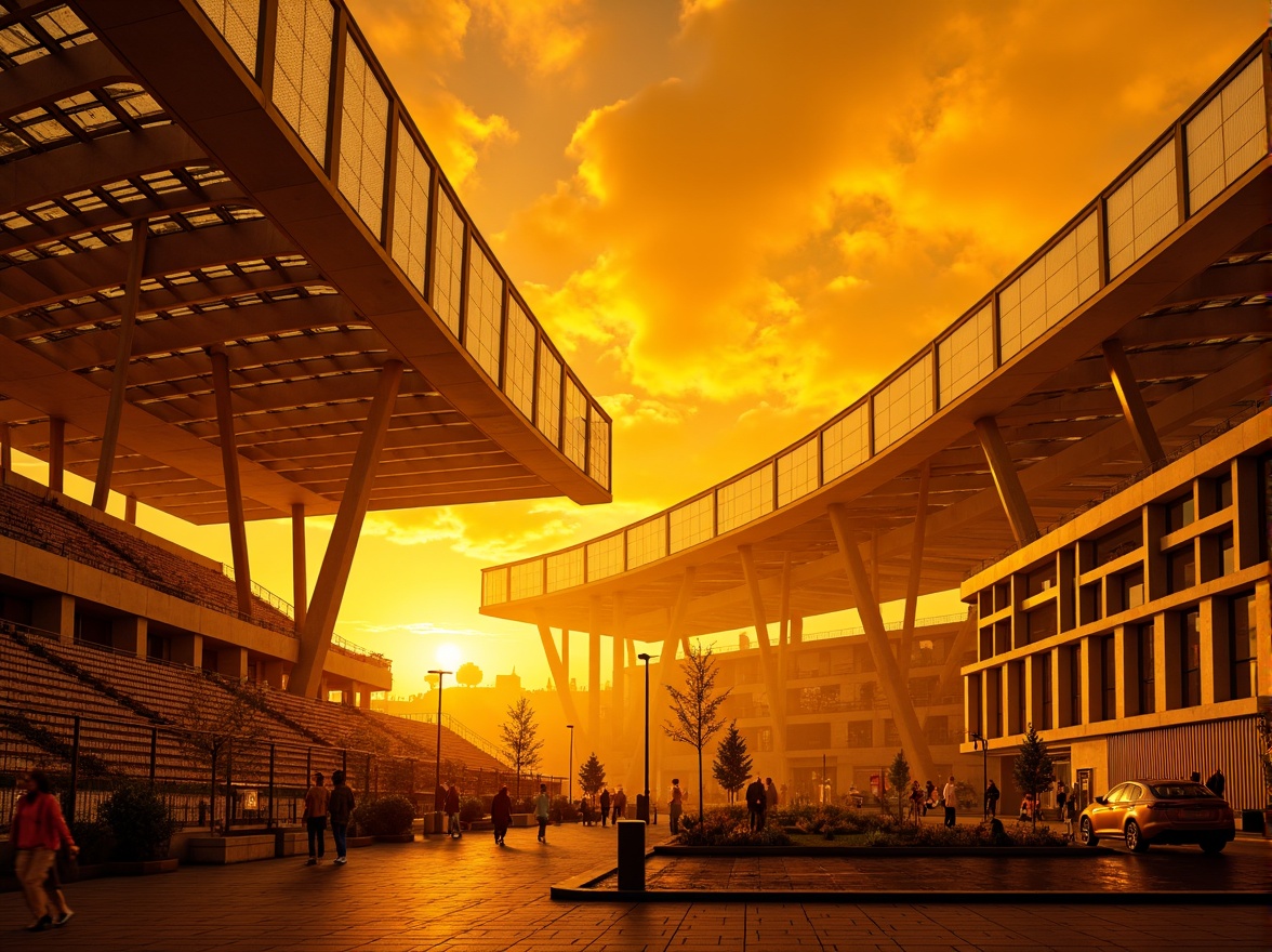 Prompt: Vibrant amber hues, warm golden lighting, dynamic expressionist architecture, curved lines, abstract shapes, bold geometric forms, futuristic stadium design, sleek metallic structures, translucent canopies, undulating roofs, angular columns, dramatic shadows, intense contrast, high-contrast lighting, cinematic atmosphere, 1/2 composition, low-angle shot, realistic textures, ambient occlusion.