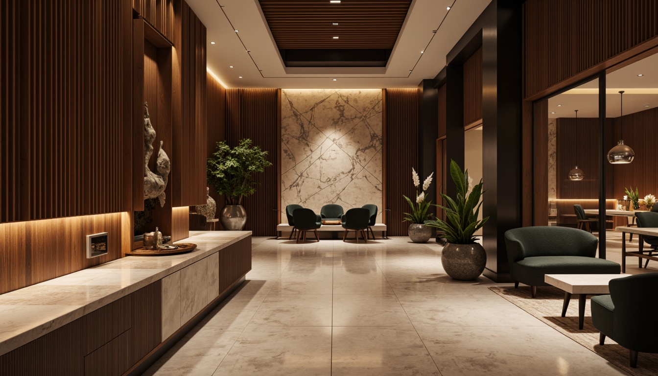 Prompt: Luxurious interior space, rich wood accents, smooth marble countertops, velvety soft upholstery, metallic chrome fixtures, matte black frames, natural stone walls, ambient warm lighting, shallow depth of field, 3/4 composition, realistic textures, subtle reflections, elegant minimalist design, sophisticated color palette, harmonious material contrast, inviting atmosphere.