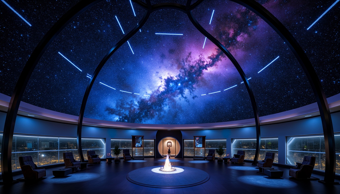 Prompt: Celestial planetarium dome, dark blues and purples, starry night sky, twinkling lights, nebula-inspired hues, iridescent colors, shimmering fabrics, metallic accents, futuristic architecture, spherical structure, immersive experience, 360-degree view, soft gradient lighting, atmospheric ambiance, mystical aura, cosmic-inspired patterns, glowing constellations, vibrant aurora borealis, ethereal mist, dreamy quality, surreal atmosphere.