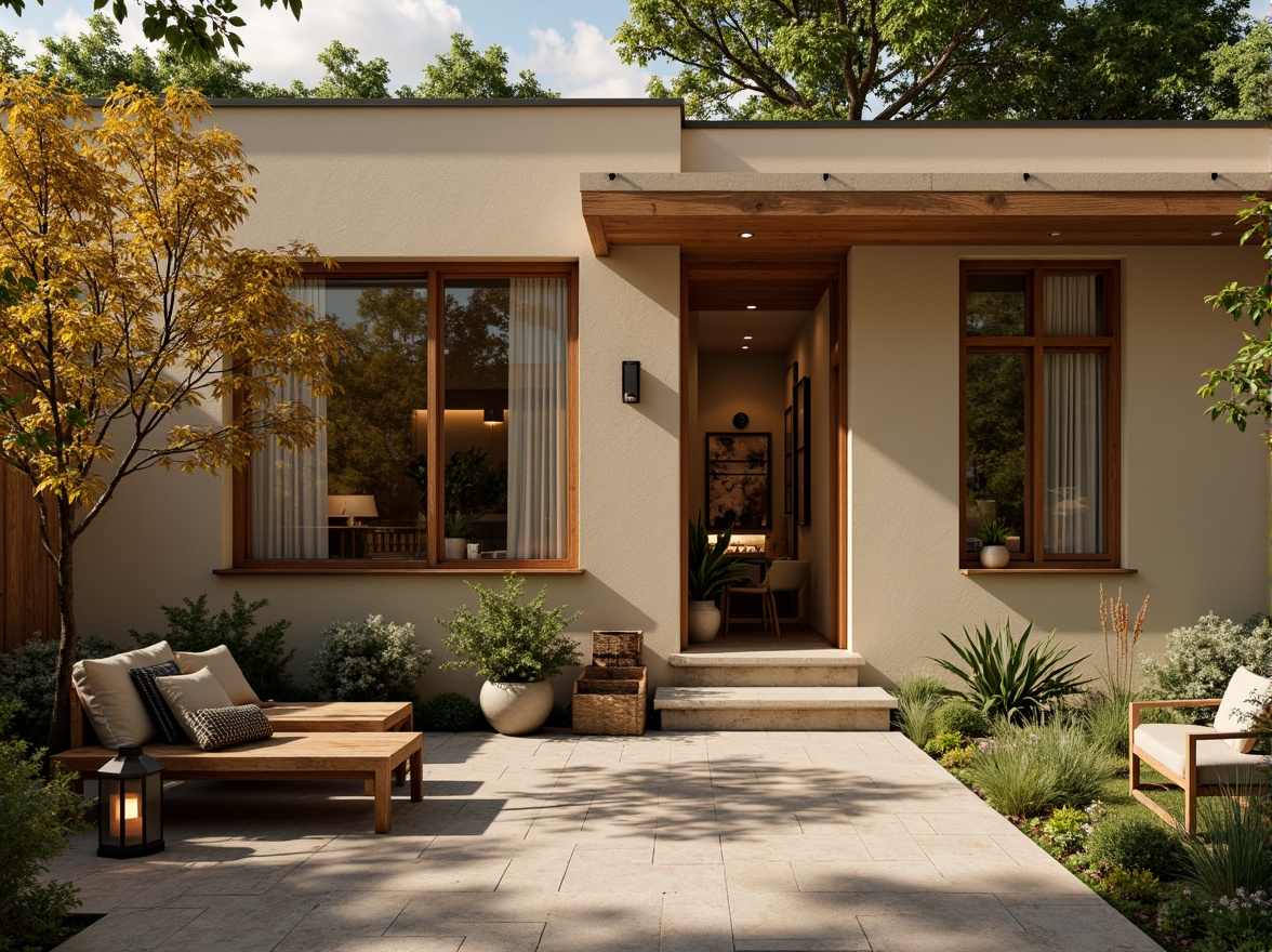 Prompt: Warm beige exterior walls, large glass windows, wooden accents, modern minimalist design, inviting entrance, outdoor seating area, lush greenery, potted plants, natural stone flooring, warm lighting, cozy ambiance, rustic wooden benches, metal lanterns, soft warm color scheme, shallow depth of field, 1/1 composition, realistic textures, ambient occlusion.