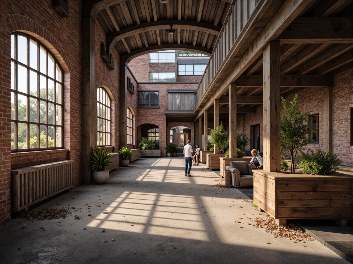 Prompt: Rustic industrial landscape, abandoned factories, worn brick walls, distressed metal roofs, reclaimed wood accents, earthy tones, natural textures, regional materials, local craftsmanship, exposed ductwork, concrete floors, steel beams, functional minimalism, industrial chic aesthetic, warm soft lighting, shallow depth of field, 1/1 composition, realistic renderings, ambient occlusion.