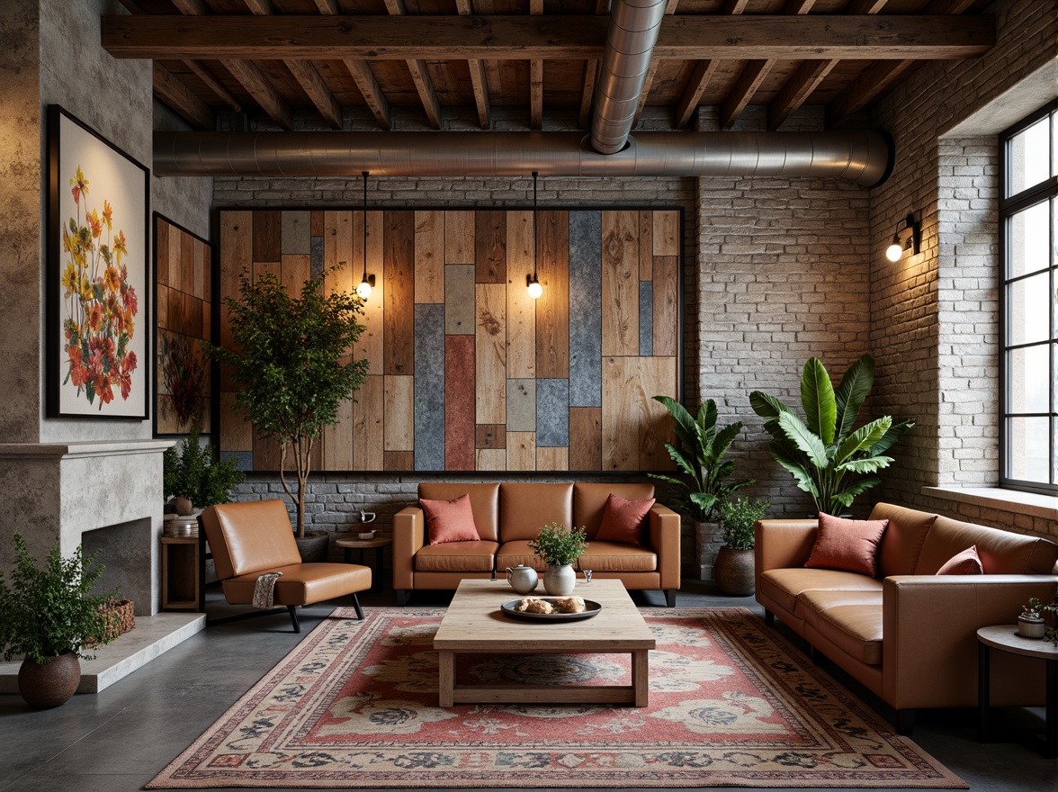 Prompt: Rustic stone walls, weathered wooden planks, distressed metal panels, ornate ceramic tiles, vibrant mosaic patterns, natural brick facades, rough-hewn concrete blocks, reclaimed wood accents, industrial steel beams, exposed ductwork, urban loft atmosphere, warm ambient lighting, shallow depth of field, 2/3 composition, realistic textures, ambient occlusion.