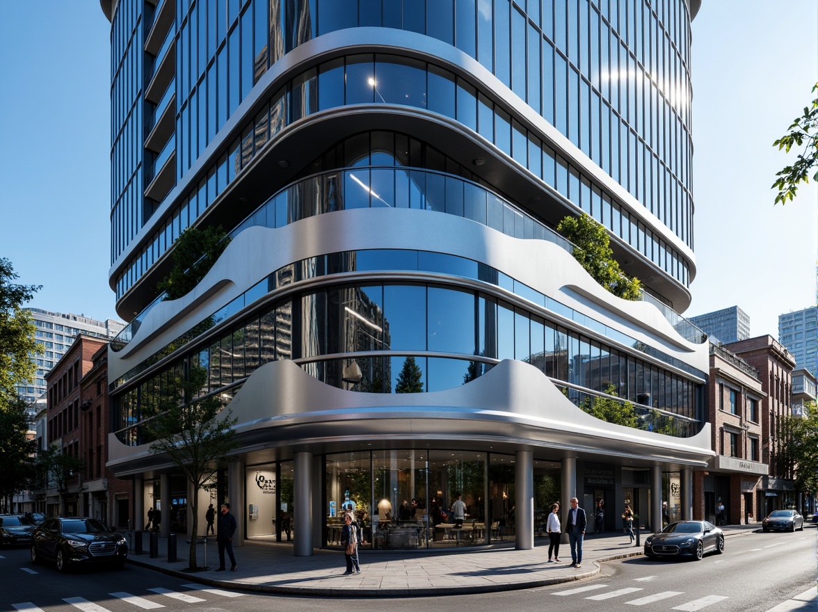 Prompt: Curved building facade, metallic materials, chrome accents, horizontal lines, rounded edges, nautical-inspired design, oceanic blue hues, wave-like patterns, minimalist ornamentation, functional simplicity, urban cityscape, morning sunlight, soft shadows, shallow depth of field, 2/3 composition, symmetrical framing, realistic reflections, ambient occlusion.