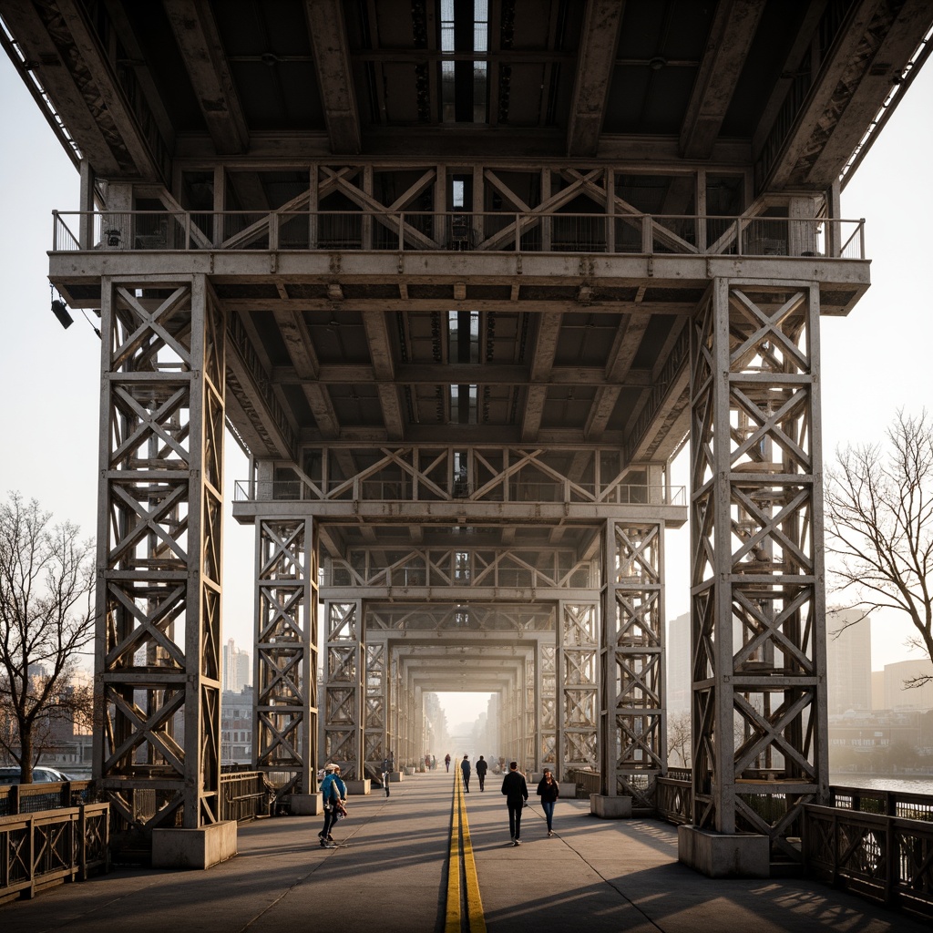 Prompt: Rustic steel bridges, industrial architecture, exposed beams, reinforced concrete pillars, suspension cables, metallic latticework, urban cityscape, misty morning atmosphere, soft warm lighting, shallow depth of field, 3/4 composition, panoramic view, realistic textures, ambient occlusion, intricate structural details, geometric patterns, modern engineering marvels, safety inspection equipment, construction cranes, warning signs, safety nets.