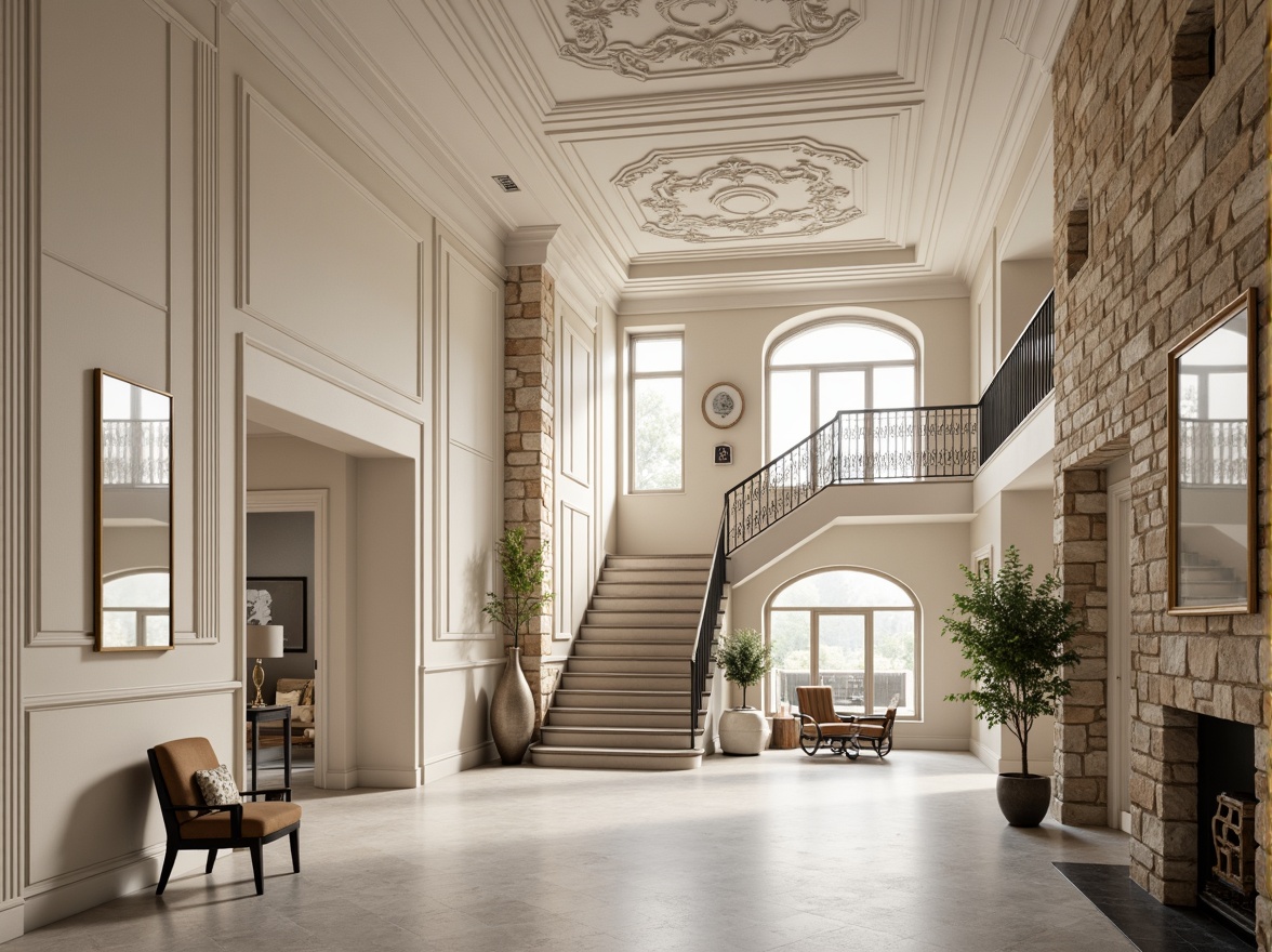 Prompt: Ornate plaster ceilings, decorative moldings, smooth white finishes, textured surfaces, rustic stone walls, classical architectural details, grand entrance halls, sweeping staircases, luxurious interior design, soft warm lighting, shallow depth of field, 3/4 composition, realistic textures, ambient occlusion.