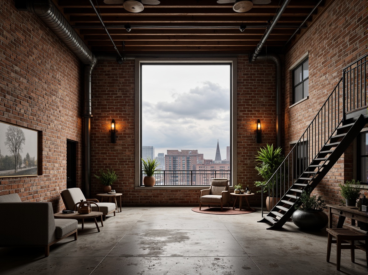 Prompt: Rustic industrial warehouse, exposed brick walls, metal beams, reclaimed wood accents, vintage machinery, distressed concrete floors, urban cityscape, cloudy grey sky, dramatic warm lighting, shallow depth of field, 1/1 composition, realistic textures, ambient occlusion, functional pipes, industrial-style lamps, metallic staircases, minimalist decor, modern urban living, converted loft spaces.