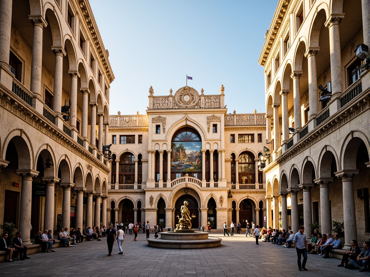 Prompt: Grand cultural center, ornate Renaissance facades, intricately carved stone details, majestic arches, grandiose columns, vibrant fresco paintings, ornamental balconies, decorative cornices, rusticated quoins, symmetrical composition, warm golden lighting, shallow depth of field, 1/1 aspect ratio, realistic textures, ambient occlusion, bustling city square, lively street performers, historic urban landscape.