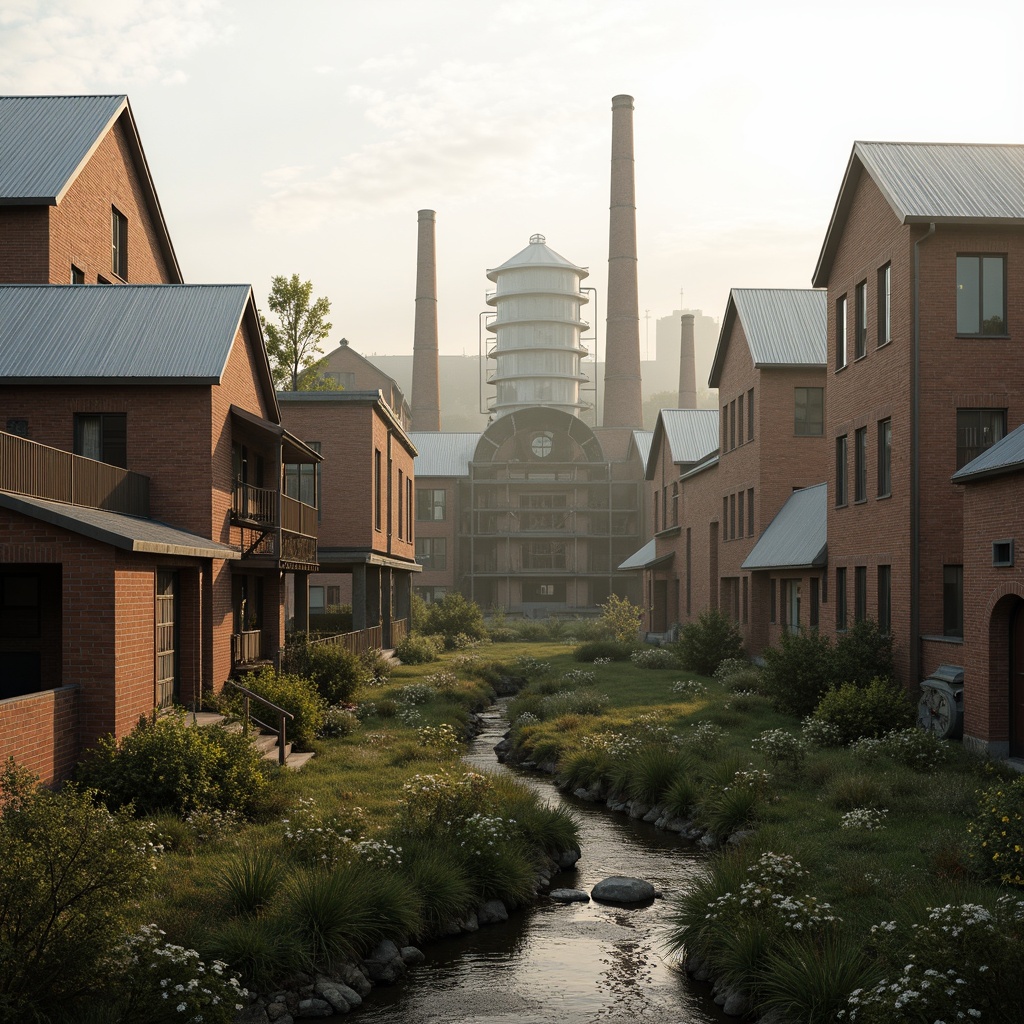 Prompt: Industrial factory complex, rustic brick buildings, corrugated metal roofs, worn concrete walls, vintage machinery, abandoned chimneys, overgrown vegetation, wildflowers, meandering streams, misty atmosphere, soft warm lighting, shallow depth of field, 3/4 composition, panoramic view, realistic textures, ambient occlusion, regionalist architectural style, functional simplicity, earthy color palette, distressed finishes, reclaimed wood accents, metal cladding, industrial heritage, nostalgic ambiance.