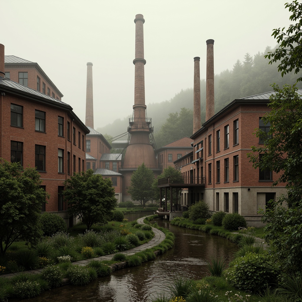 Prompt: Industrial factory complex, rustic brick buildings, corrugated metal roofs, worn concrete walls, vintage machinery, abandoned chimneys, overgrown vegetation, wildflowers, meandering streams, misty atmosphere, soft warm lighting, shallow depth of field, 3/4 composition, panoramic view, realistic textures, ambient occlusion, regionalism-inspired architecture, modern industrial design, functional spaces, exposed ductwork, metal catwalks, reclaimed wood accents, earthy color palette, natural stone pathways, weathered steel bridges.