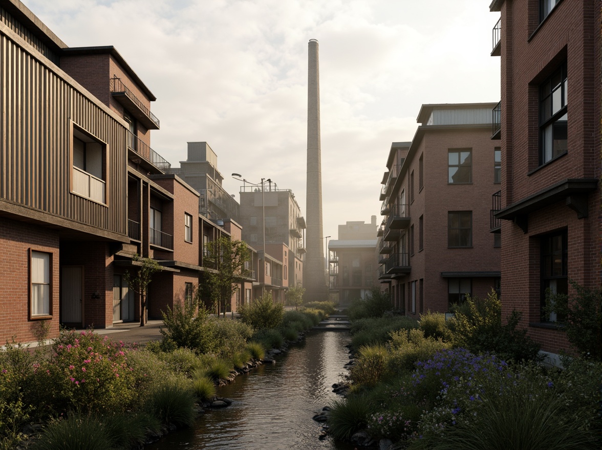 Prompt: Industrial factory complex, rustic brick buildings, corrugated metal roofs, worn concrete walls, vintage machinery, abandoned chimneys, overgrown vegetation, wildflowers, meandering streams, misty atmosphere, soft warm lighting, shallow depth of field, 3/4 composition, panoramic view, realistic textures, ambient occlusion, regionalism-inspired architecture, modern industrial design, functional spaces, exposed ductwork, metal catwalks, reclaimed wood accents, earthy color palette, natural stone pathways, weathered steel bridges.