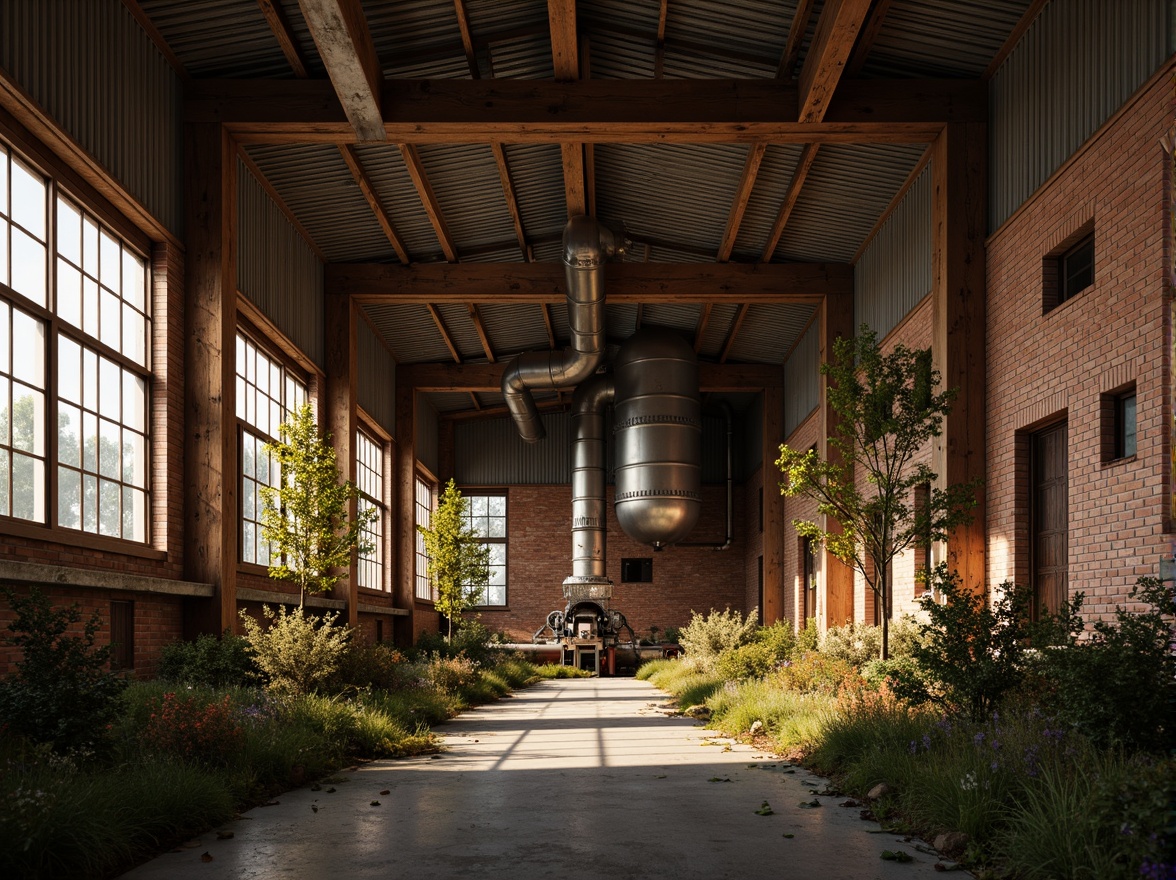 Prompt: Rustic industrial landscape, abandoned factories, distressed brick walls, corrugated metal roofs, worn wooden beams, vintage machinery, urban decay, overgrown vegetation, gritty urban atmosphere, warm golden lighting, shallow depth of field, 1/2 composition, cinematic view, realistic textures, ambient occlusion, nostalgic mood, retro-futuristic elements, exposed ductwork, concrete floors, steel columns, reclaimed wood accents, industrial chic aesthetic.