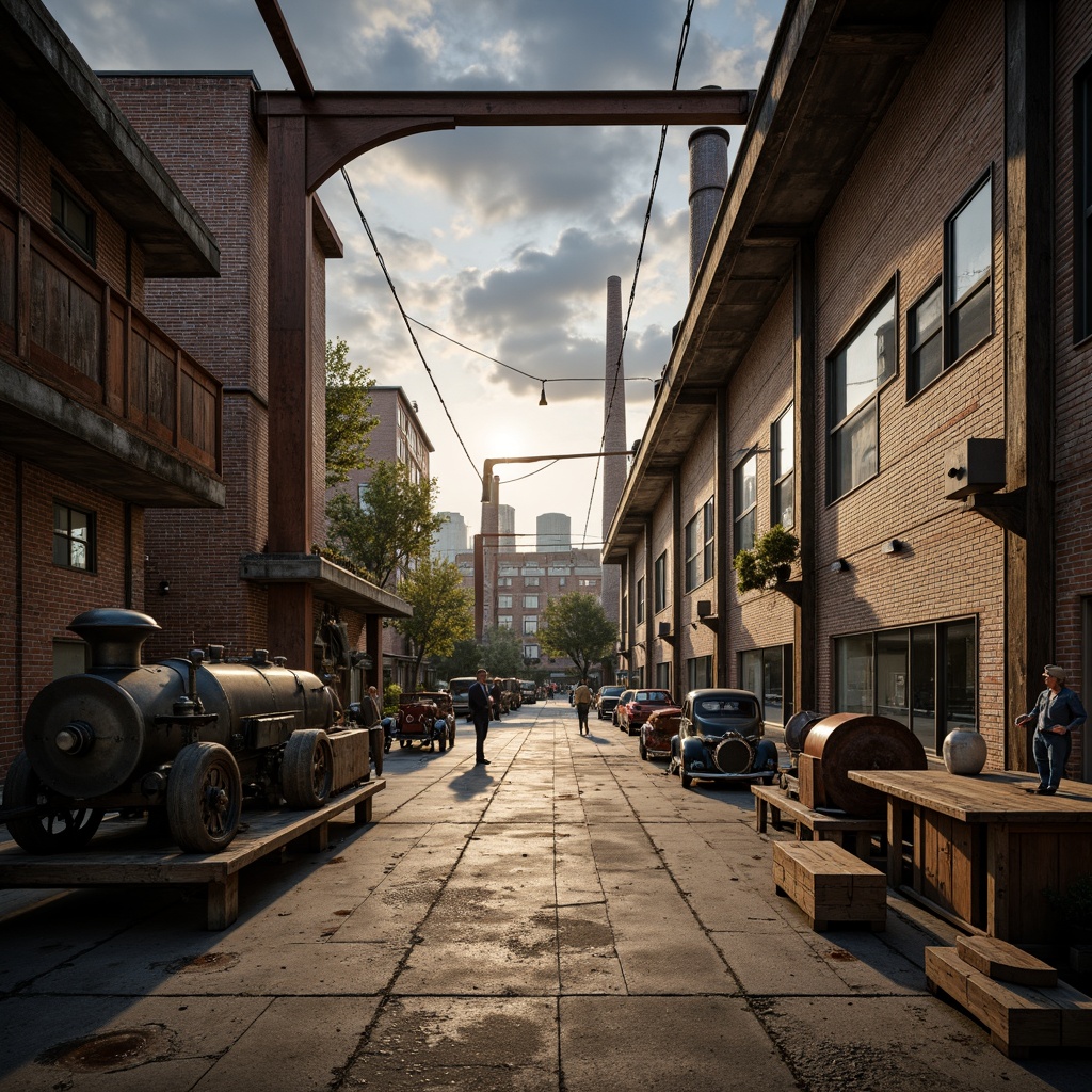 Prompt: Industrial factory setting, exposed brick walls, metal beams, worn wooden floors, distressed concrete textures, vintage machinery, rusty pipes, urban cityscape, cloudy grey skies, warm golden lighting, shallow depth of field, 1/2 composition, realistic materials, ambient occlusion, muted color palette, earthy tones, weathered steel blues, faded reds, industrial greens, creamy whites, rich browns.