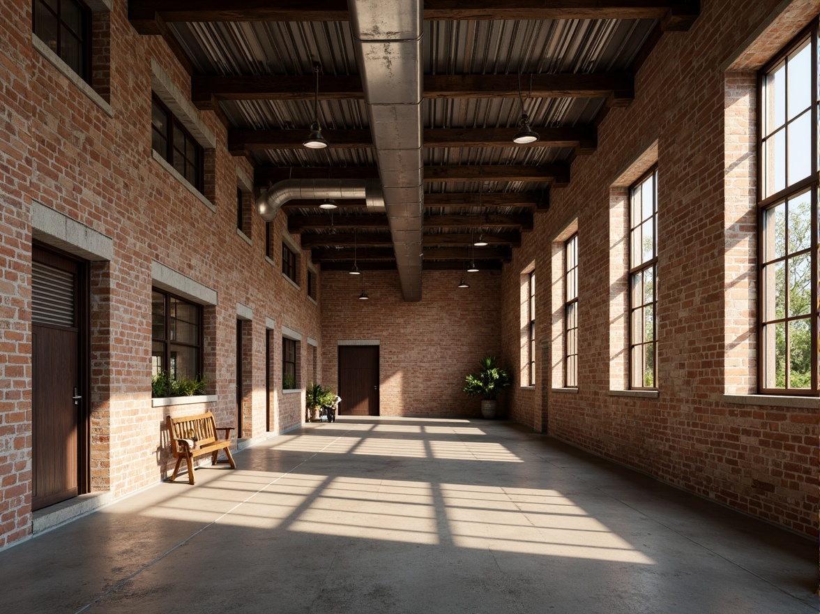 Prompt: Rustic industrial landscape, abandoned factories, worn brick walls, distressed metal roofs, reclaimed wood accents, earthy tones, natural textures, regional materials, local craftsmanship, exposed ductwork, concrete floors, steel beams, functional minimalism, industrial chic aesthetic, warm soft lighting, shallow depth of field, 1/1 composition, realistic renderings, ambient occlusion.