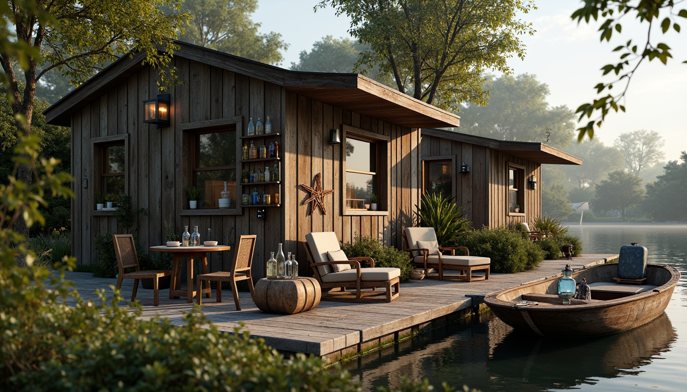 Prompt: Whimsical boathouse, eclectic facade, distressed wood textures, vintage nautical elements, rusty metal accents, colorful glass bottles, woven wicker furniture, lush greenery, overgrown vegetation, misty morning atmosphere, soft warm lighting, shallow depth of field, 1/1 composition, realistic water reflections, ambient occlusion.