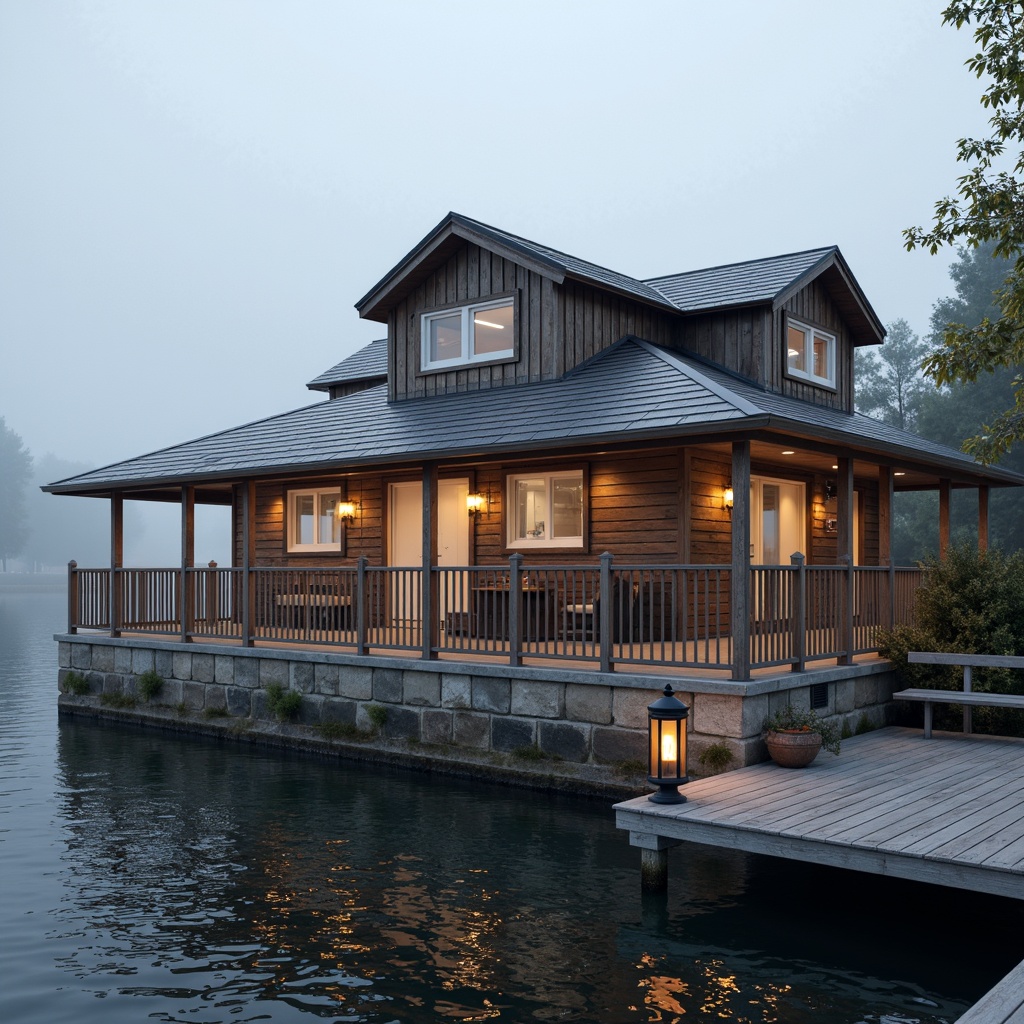 Prompt: Waterfront location, wooden dock, rustic boathouse, classic nautical theme, weathered wood accents, white trim details, pitched rooflines, dormer windows, natural stone foundation, ornate metal railings, lantern-style lighting, soft warm glow, misty morning atmosphere, shallow depth of field, 1/1 composition, realistic textures, ambient occlusion.