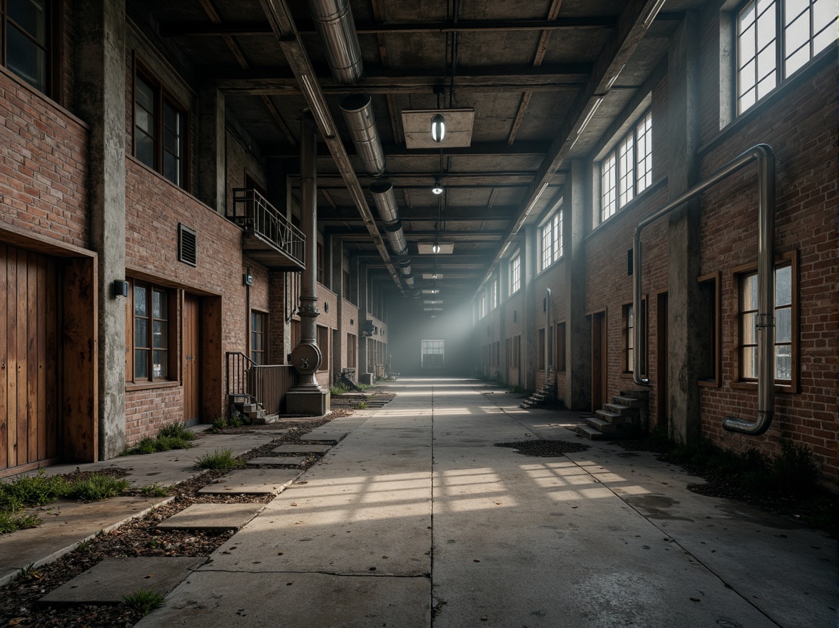 Prompt: Rustic industrial landscape, abandoned factories, distressed brick walls, metal beams, reclaimed wood accents, exposed ductwork, concrete floors, steel columns, urban decay, gritty textures, moody lighting, dramatic shadows, cinematic composition, 1/1 aspect ratio, high contrast, atmospheric fog, misty ambiance, functional pipes, mechanical equipment, industrial heritage, brutalist architecture, raw concrete forms, metallic tones, utilitarian design.