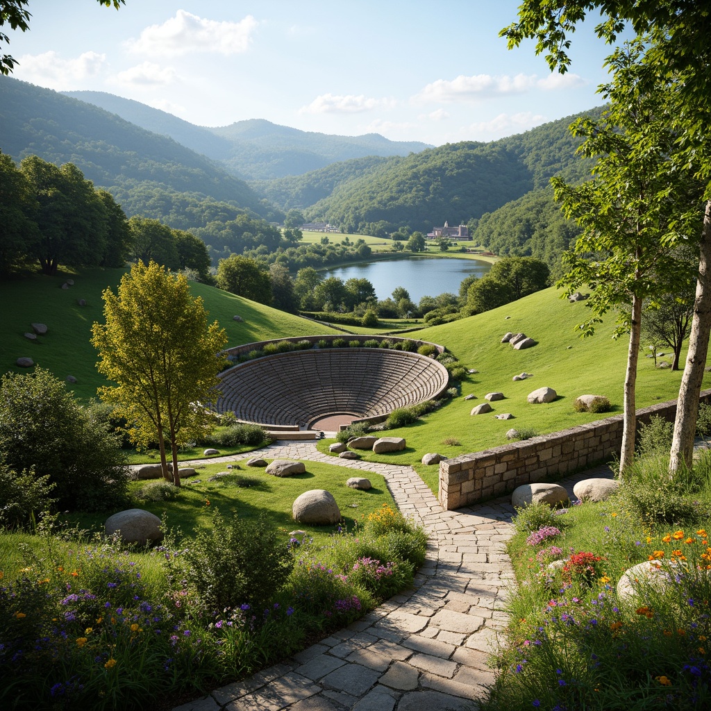 Prompt: Rolling hills, lush greenery, serene lake views, amphitheater structures, tiered seating, natural stone walls, wooden benches, scenic overlooks, walking trails, meandering streams, rustic bridges, vibrant wildflowers, sunny afternoon, soft warm lighting, shallow depth of field, 3/4 composition, panoramic view, realistic textures, ambient occlusion.