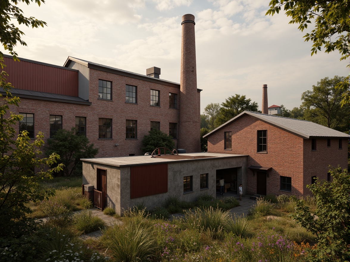 Prompt: Industrial factory complex, rustic brick buildings, corrugated metal roofs, worn concrete walls, vintage machinery, abandoned chimneys, overgrown vegetation, wildflowers, distressed wood textures, rusty metal accents, faded signage, nostalgic atmosphere, warm golden lighting, shallow depth of field, 1/2 composition, realistic weathering effects, ambient occlusion.