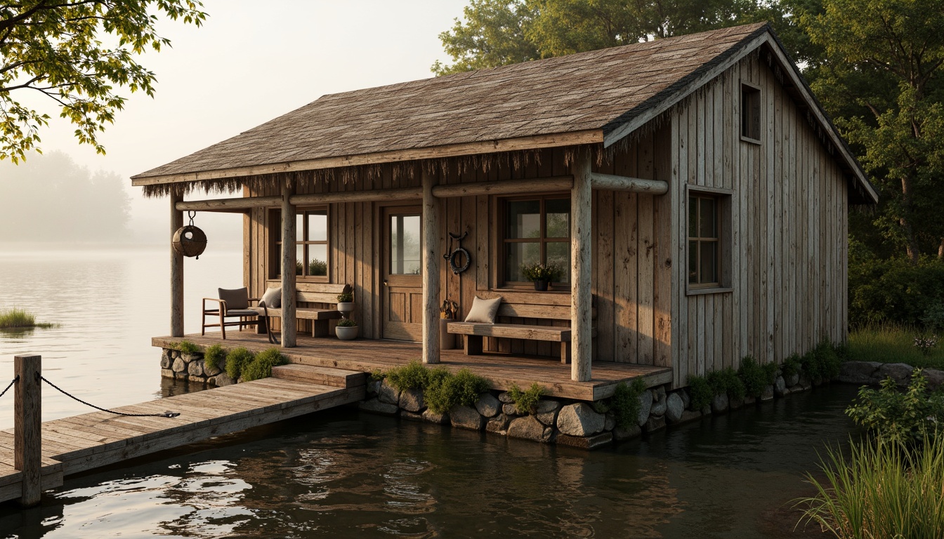 Prompt: Rustic wooden boathouse, weathered planks, distressed finishes, natural stone foundations, moss-covered roofs, overhanging eaves, wooden docks, nautical ropes, vintage anchors, aquatic plants, serene lake views, misty morning atmosphere, warm golden lighting, shallow depth of field, 1/2 composition, realistic wood textures, ambient occlusion.