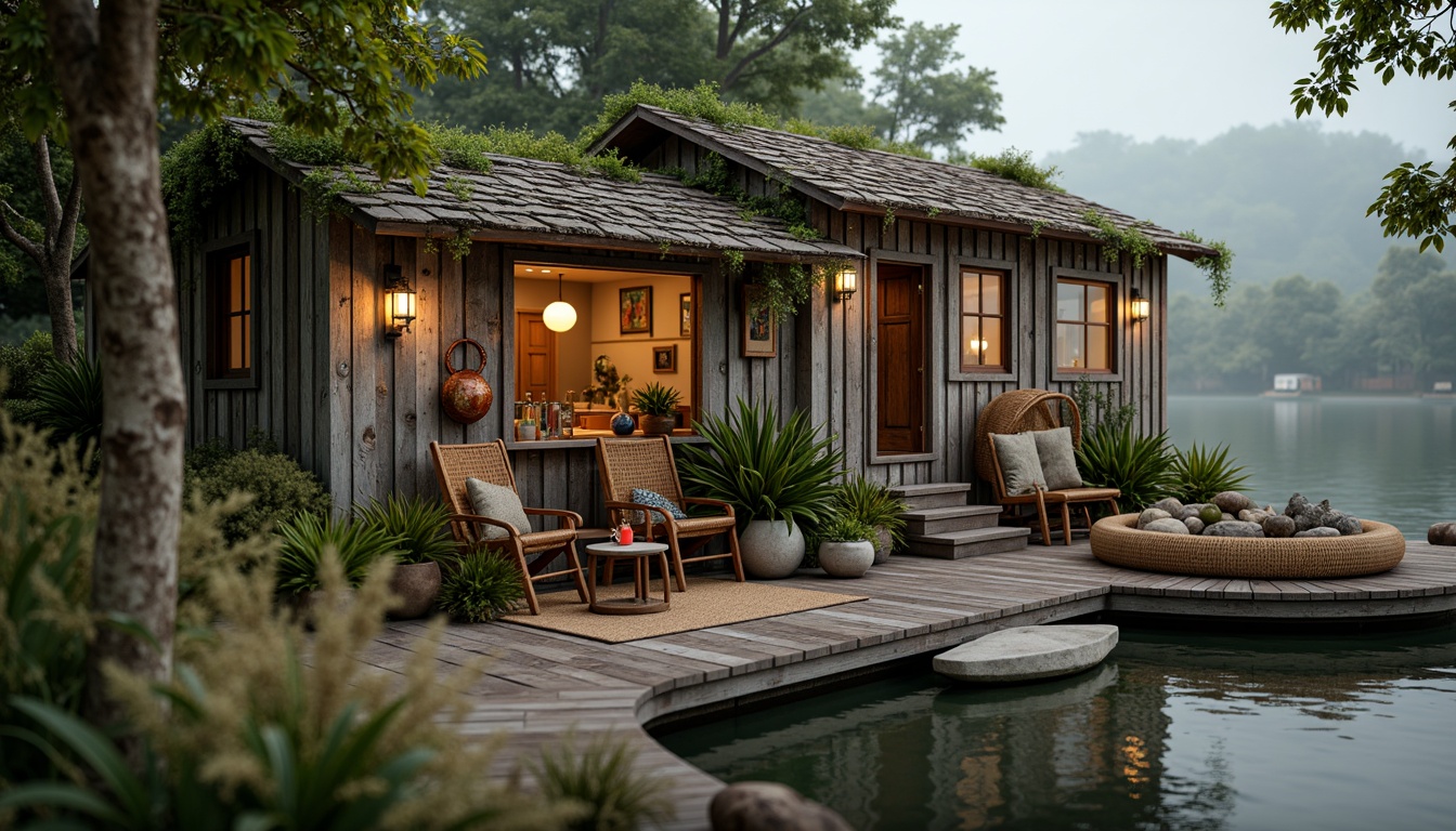 Prompt: Whimsical boathouse, eclectic facade, distressed wood textures, vintage nautical elements, rusty metal accents, colorful glass bottles, woven wicker furniture, lush greenery, overgrown vegetation, misty morning atmosphere, soft warm lighting, shallow depth of field, 1/1 composition, realistic water reflections, ambient occlusion.