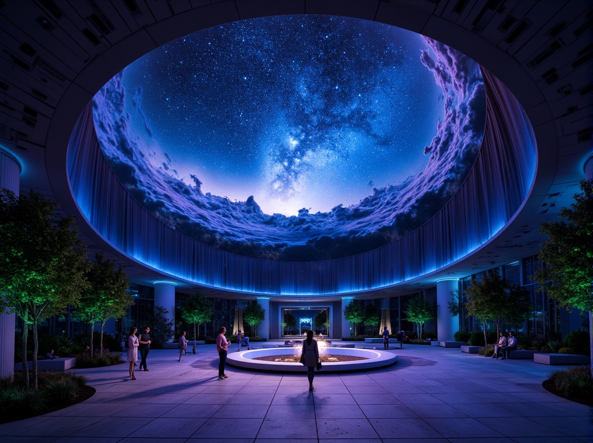 Prompt: Celestial planetarium dome, dark blues and purples, starry night sky, twinkling lights, nebula-inspired hues, iridescent colors, shimmering fabrics, metallic accents, futuristic architecture, spherical structure, immersive experience, 360-degree view, soft gradient lighting, atmospheric ambiance, mystical aura, cosmic-inspired patterns, glowing constellations, vibrant aurora borealis, ethereal mist, dreamy quality, surreal atmosphere.