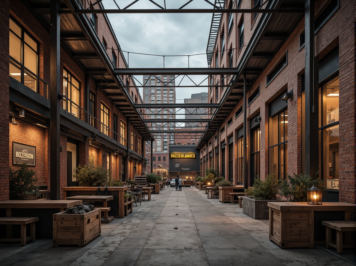 Prompt: Rustic industrial factory, exposed brick walls, metallic beams, reclaimed wood accents, distressed concrete floors, vintage machinery, urban cityscape, cloudy grey sky, warm soft lighting, shallow depth of field, 1/1 composition, realistic textures, ambient occlusion, worn wooden crates, old-fashioned lanterns, faded signage, eclectic mix of materials, post-industrial aesthetic, nostalgic atmosphere.