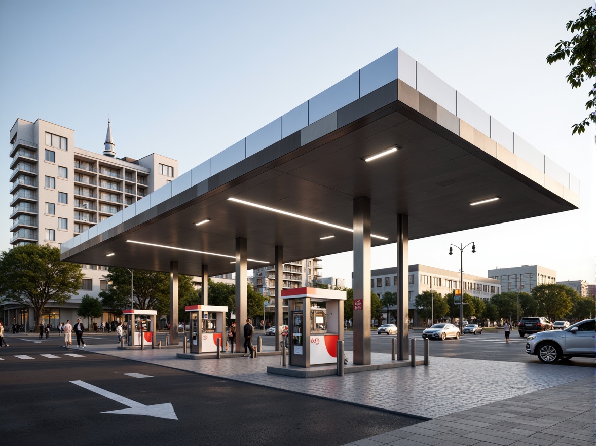 Prompt: Modern gas station, sleek canopy structure, angular lines, minimalist design, stainless steel columns, LED lighting, futuristic aesthetic, urban landscape, busy streets, cityscape, morning sunlight, soft warm glow, shallow depth of field, 3/4 composition, panoramic view, realistic textures, ambient occlusion.