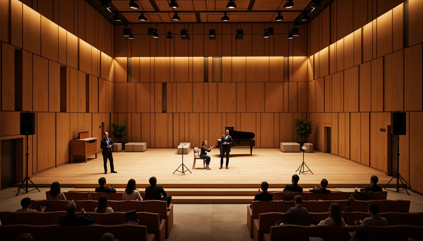 Prompt: Intimate concert hall, wooden acoustic panels, sound-absorbing materials, curved lines, minimalist decor, warm ambient lighting, shallow stage, grand piano, professional audio equipment, microphone stands, speaker systems, soundproofing, reverberation control, optimal seating arrangement, 3/4 composition, soft focus, warm color palette, realistic textures.