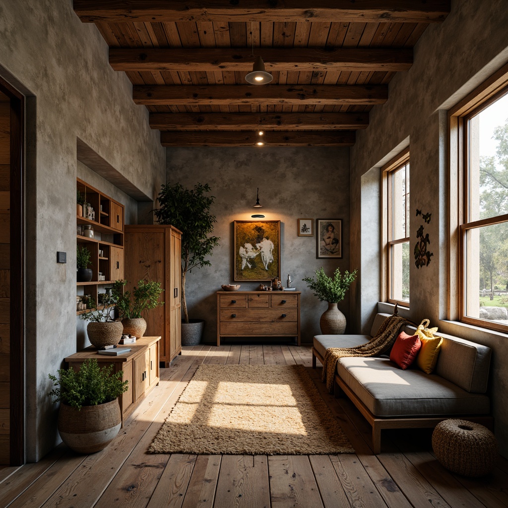 Prompt: Weathered wooden planks, rusty metal accents, distressed concrete walls, reclaimed wood furniture, earthy color palette, natural textiles, woven baskets, vintage decorative items, cozy ambient lighting, soft warm glow, shallow depth of field, 3/4 composition, realistic textures, ambient occlusion.