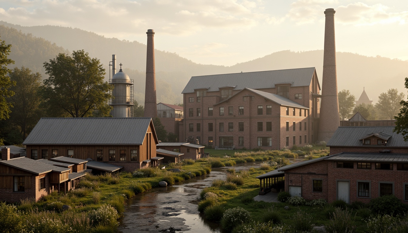 Prompt: Industrial factory complex, rustic brick buildings, corrugated metal roofs, worn concrete walls, vintage machinery, abandoned chimneys, overgrown vegetation, wildflowers, meandering streams, misty atmosphere, soft warm lighting, shallow depth of field, 3/4 composition, panoramic view, realistic textures, ambient occlusion, regionalist architectural style, functional simplicity, earthy color palette, distressed finishes, reclaimed wood accents, metal cladding, industrial heritage, nostalgic ambiance.