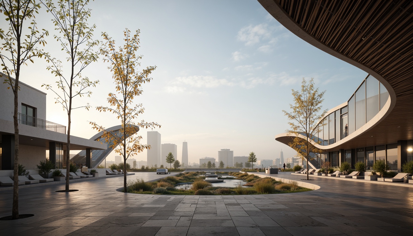 Prompt: Curved lines, minimalist design, open spaces, natural light, sleek metal framework, glass facades, cantilevered roofs, geometric shapes, futuristic ambiance, urban landscape, city skyline, morning mist, soft warm lighting, shallow depth of field, 3/4 composition, panoramic view, realistic textures, ambient occlusion.