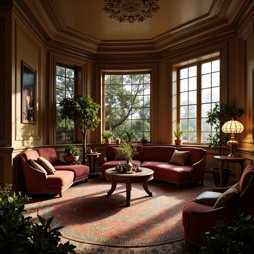 Prompt: Luxurious living room, sinuous lines, flowing curves, ornate furnishings, velvet upholstery, intricate wood carvings, stained glass windows, Tiffany lamps, metallic accents, botanical patterns, organic shapes, warm golden lighting, soft focus, shallow depth of field, 1/1 composition, intimate atmosphere, rich textures, ambient occlusion.