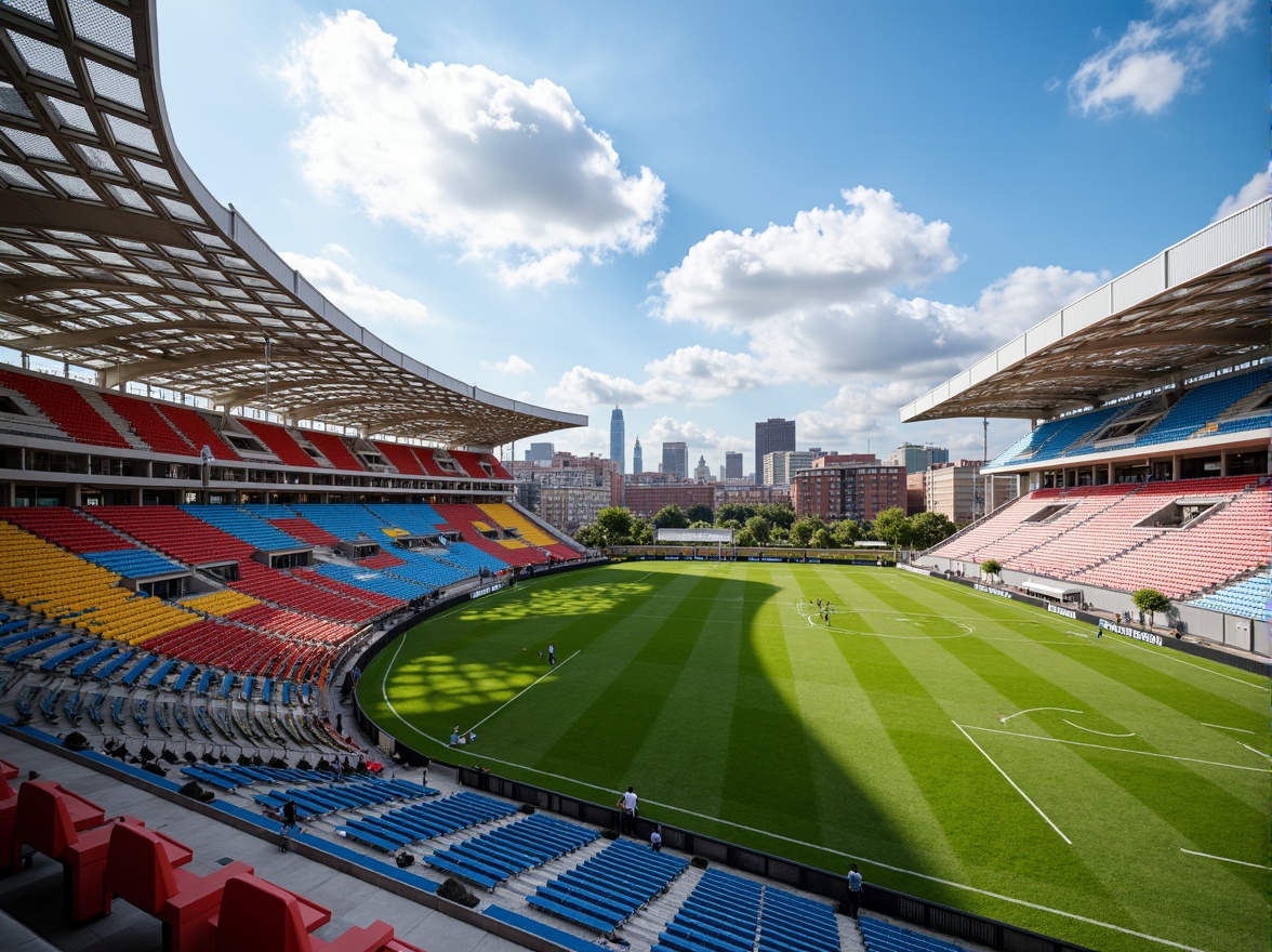 Prompt: Vibrant soccer stadium, social housing facade, bold color scheme, dynamic curves, angular lines, modern architecture, cantilevered roofs, large windows, metal cladding, concrete structures, urban landscape, city skyline, sunny day, dramatic lighting, shallow depth of field, 3/4 composition, panoramic view, realistic textures, ambient occlusion.