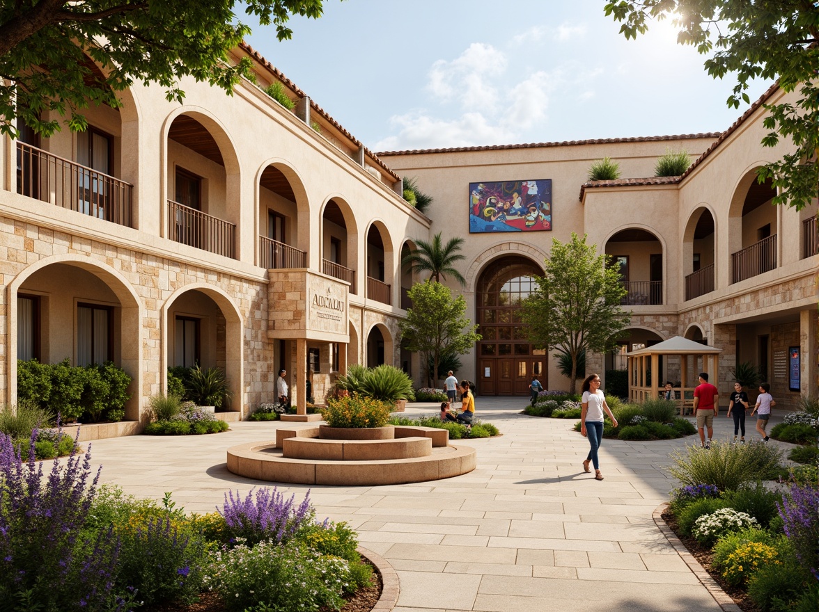 Prompt: Rustic elementary school building, Romanesque arches, warm beige stone walls, ornate carvings, grand entrance, heavy wooden doors, vibrant greenery, blooming flowers, playful playground equipment, colorful murals, educational signage, natural stone walkways, curved staircases, high ceilings, large windows, soft warm lighting, shallow depth of field, 3/4 composition, panoramic view, realistic textures, ambient occlusion.