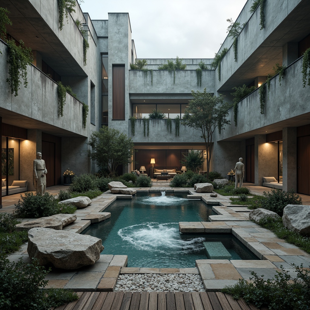 Prompt: Rugged concrete walls, fragmented stone tiles, distressed metal accents, irregularly shaped pools, turbulent water effects, abstract sculptures, industrial-style lighting fixtures, exposed pipes and ducts, brutalist architecture, weathered wood decking, rough-hewn boulders, overgrown vegetation, misty atmosphere, dramatic shadows, high-contrast lighting, cinematic composition, bold color palette, textured renderings.