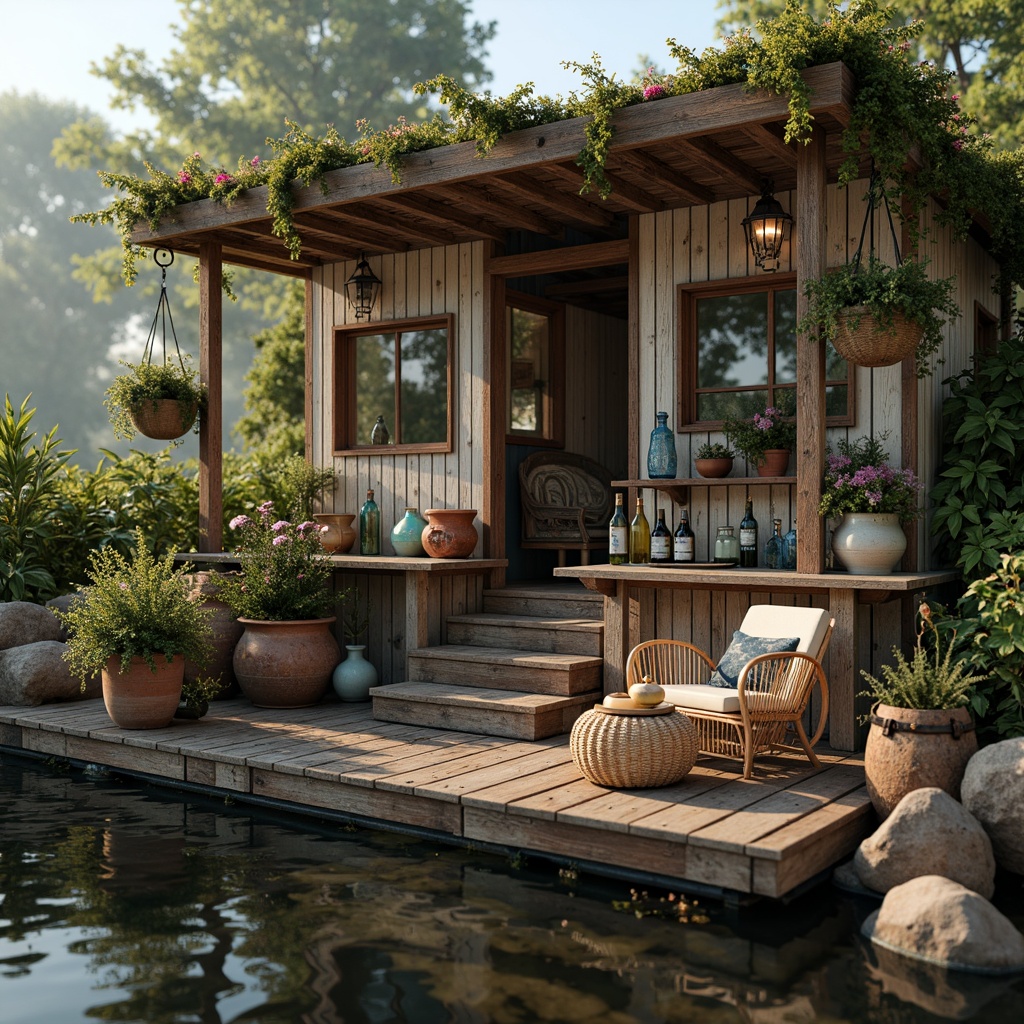 Prompt: Whimsical boathouse, eclectic facade, distressed wood textures, vintage nautical elements, rusty metal accents, colorful glass bottles, woven wicker furniture, lush greenery, overgrown vegetation, misty morning atmosphere, soft warm lighting, shallow depth of field, 1/1 composition, realistic water reflections, ambient occlusion.