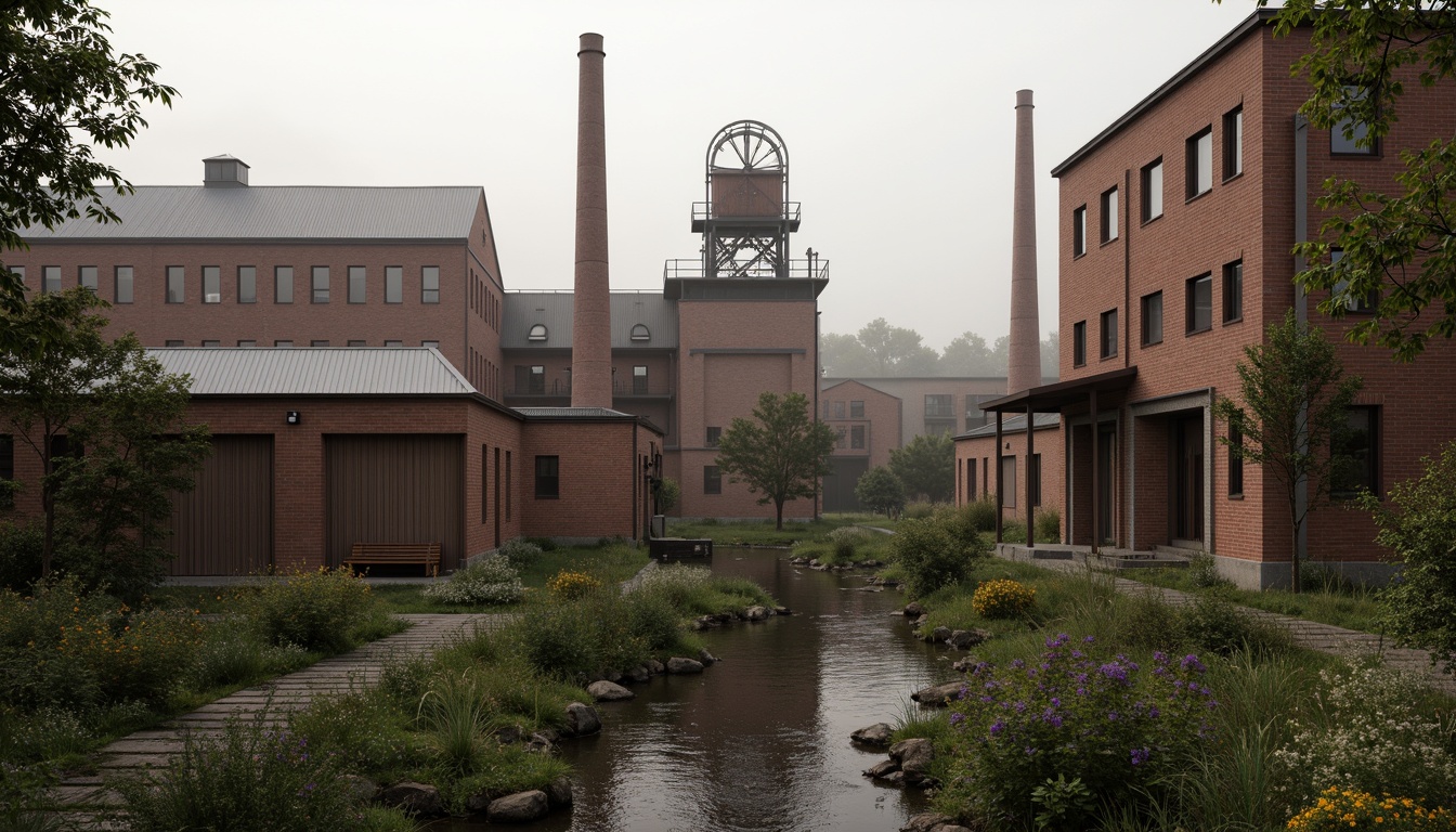 Prompt: Industrial factory complex, rustic brick buildings, corrugated metal roofs, worn concrete walls, vintage machinery, abandoned chimneys, overgrown vegetation, wildflowers, meandering streams, misty atmosphere, soft warm lighting, shallow depth of field, 3/4 composition, panoramic view, realistic textures, ambient occlusion, regionalism-inspired architecture, modern industrial design, functional spaces, exposed ductwork, metal catwalks, reclaimed wood accents, earthy color palette, natural stone pathways, weathered steel bridges.