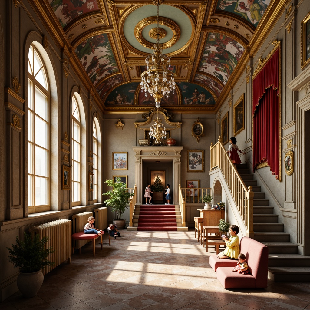 Prompt: Whimsical kindergarten, ornate Baroque architecture, intricate stone carvings, golden accents, grand entranceways, sweeping staircases, lavish chandeliers, rich velvet drapes, playful murals, colorful frescoes, ornamental plasterwork, delicate filigree, soft warm lighting, shallow depth of field, 1/1 composition, realistic textures, ambient occlusion.