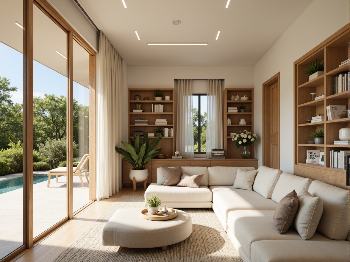 Prompt: Minimalist villa, clean lines, simple shapes, monochromatic color scheme, soft beige walls, creamy white accents, warm wooden floors, natural stone textures, lush greenery surroundings, serene atmosphere, abundant natural light, floor-to-ceiling windows, sliding glass doors, cozy reading nooks, built-in shelving units, subtle ambient lighting, 1/1 composition, shallow depth of field, realistic renderings.