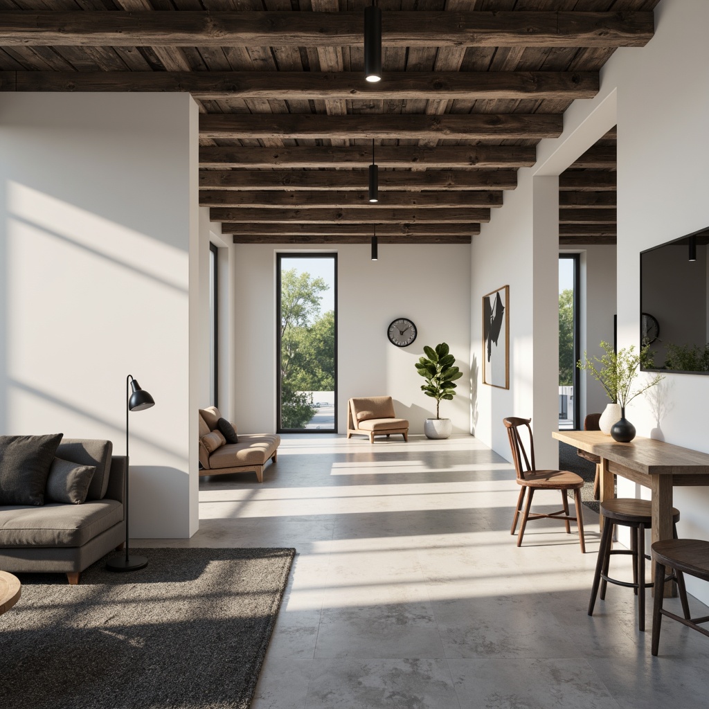 Prompt: Monochromatic color scheme, sleek lines, minimal ornamentation, polished concrete floors, matte white walls, industrial metal beams, reclaimed wood accents, low-profile furniture, subtle texture contrasts, ambient natural light, soft warm glow, 1/1 composition, shallow depth of field, realistic material reflections.