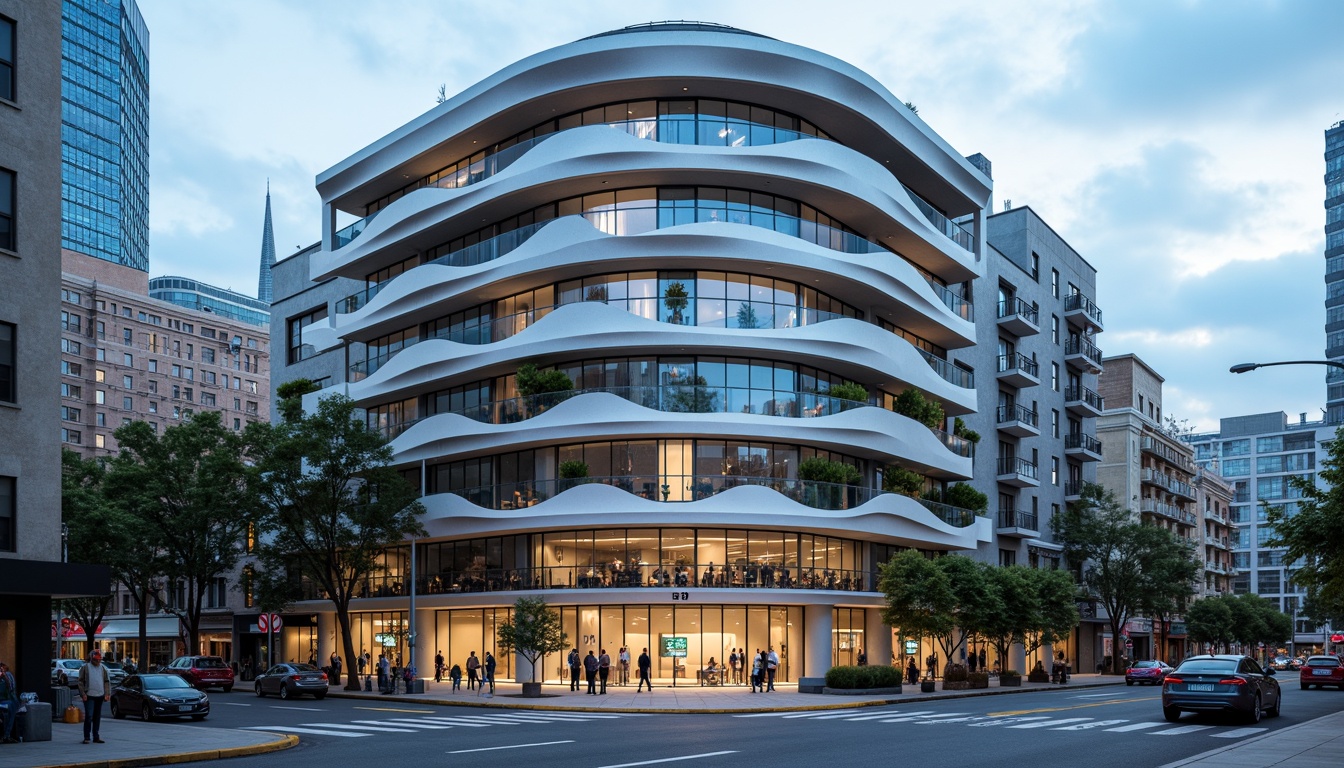 Prompt: Curved building facade, metallic materials, polished chrome accents, horizontal lines, minimalist ornamentation, rounded corners, large windows, sliding glass doors, urban cityscape, busy streets, modern skyscrapers, cloudy blue sky, soft natural lighting, shallow depth of field, 2/3 composition, symmetrical balance, realistic reflections, ambient occlusion.