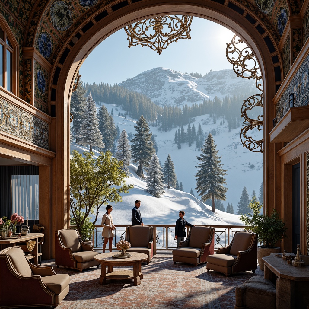 Prompt: Intricate ski resort, snow-capped mountains, frozen lakes, frosty pine trees, ornate Art Nouveau architecture, curved lines, flowing organic forms, sinuous metalwork, stained glass windows, grand chandeliers, luxurious furnishings, velvet drapes, intricate wood carvings, gilded accents, warm golden lighting, soft focus, shallow depth of field, 1/2 composition, atmospheric mist, realistic snow textures, ambient occlusion.