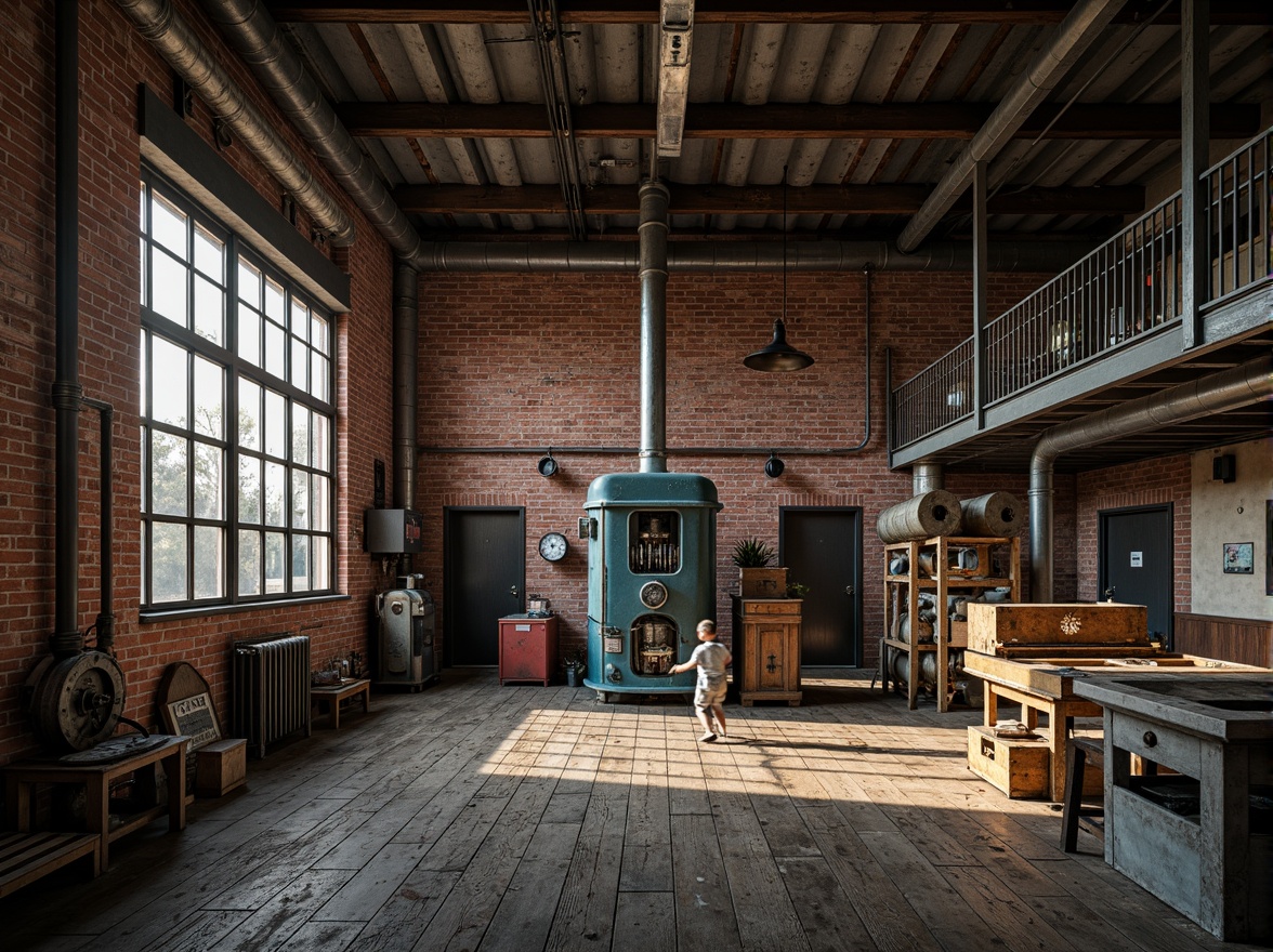 Prompt: Industrial factory setting, exposed brick walls, metal beams, worn wooden floors, vintage machinery, distressed textures, earthy tones, muted colors, rusty reds, weathered blues, faded yellows, industrial greys, urban atmosphere, gritty realism, high contrast lighting, dramatic shadows, cinematic composition, 1/2 camera angle, realistic renderings, ambient occlusion.